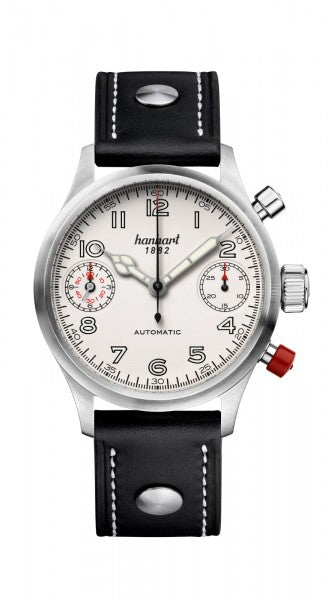Hanhart 1882 Watch - Pioneer TwinDicator ecru stitching, smooth bezel