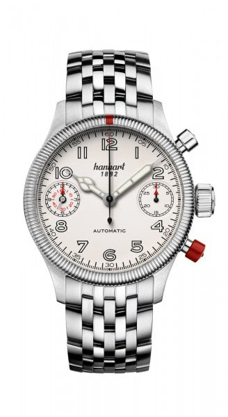 Hanhart 1882 Watch - Pioneer TwinDicator ecru stitching, fluted bezel