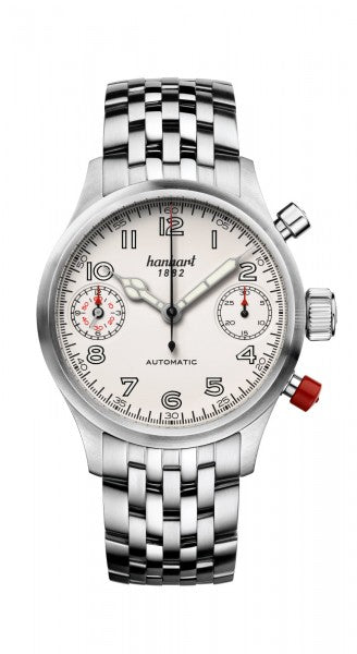 Hanhart 1882 Watch - Pioneer TwinDicator ecru stitching, smooth bezel