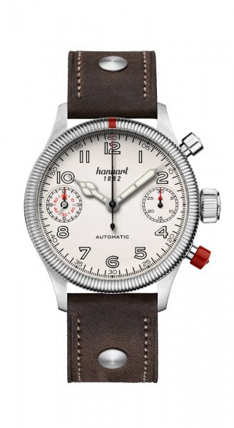 Hanhart 1882 Watch - Pioneer TwinDicator ecru stitching, fluted bezel