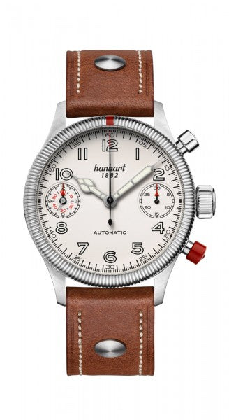 Hanhart 1882 Watch - Pioneer TwinDicator ecru stitching, fluted bezel
