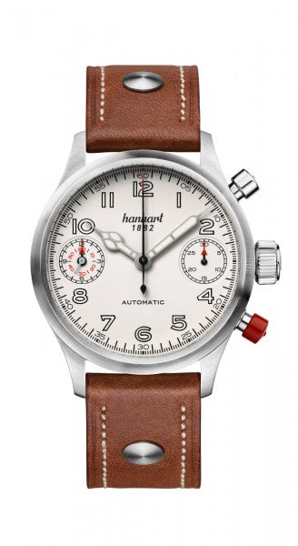 Hanhart 1882 Watch - Pioneer TwinDicator ecru stitching, smooth bezel
