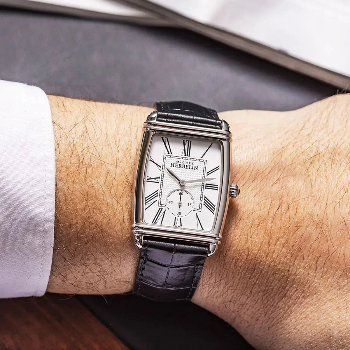 HERBELIN Men's Art Deco Black Leather Watch 10638AP08