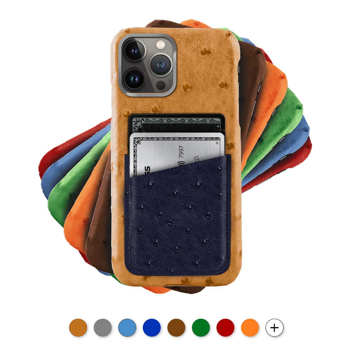 Coque cuir "card case" pour iPhone 15, 14 & 13 ( Tous modèles )  - Autruche