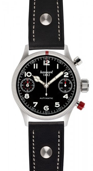 Hanhart 1882 Watch - Pioneer TwinDicator Black, Fluted Bezel