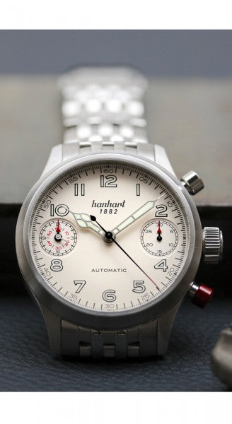 Hanhart 1882 Watch - Pioneer TwinDicator ecru stitching, smooth bezel