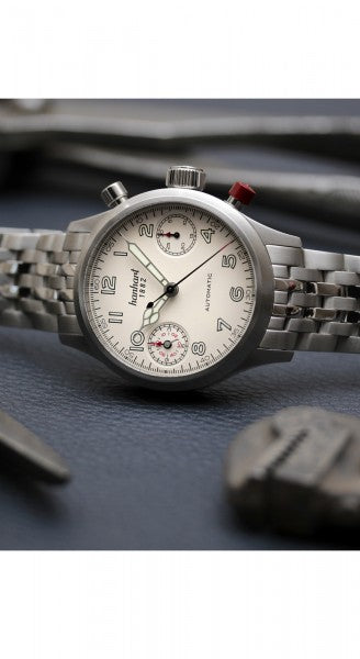 Hanhart 1882 Watch - Pioneer TwinDicator ecru stitching, smooth bezel