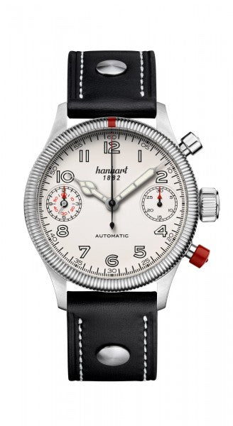 Hanhart 1882 Watch - Pioneer TwinDicator ecru stitching, fluted bezel
