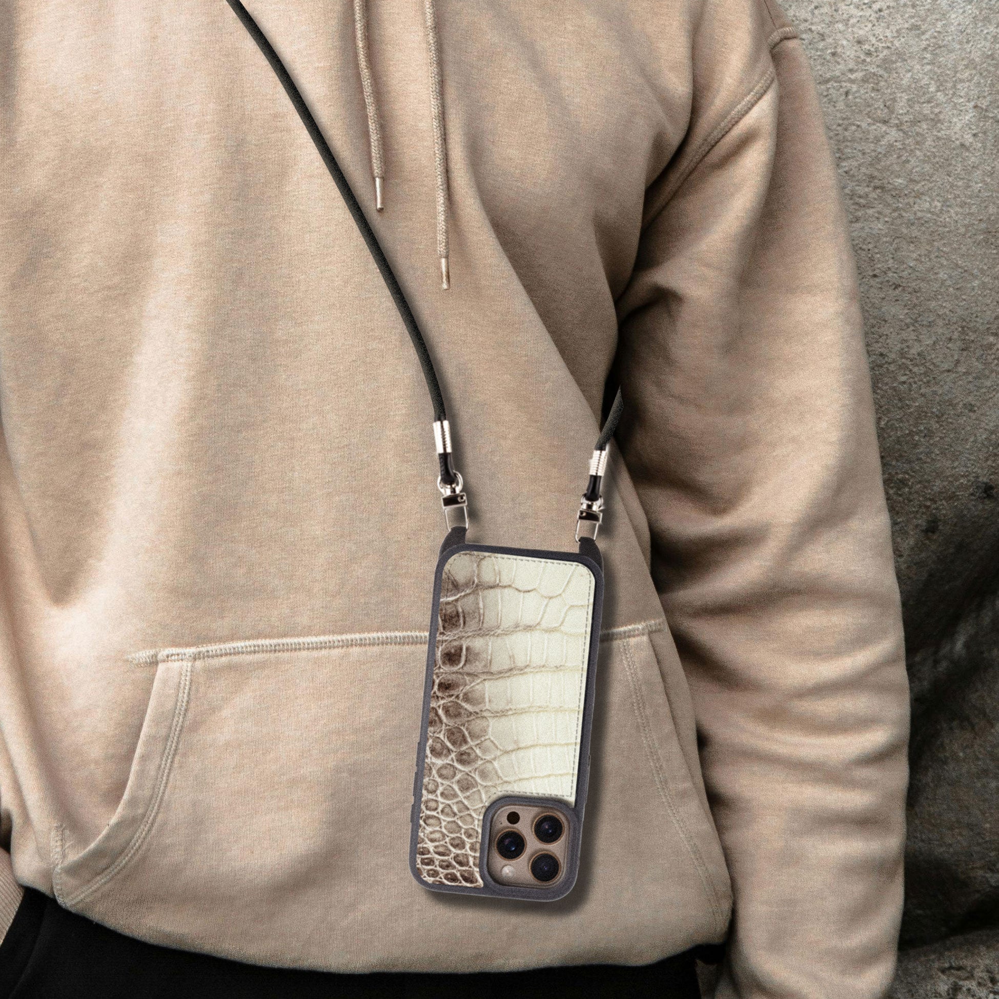 Coque "Crossbody" cuir pour iPhone 16 ( Tous modèles ) - Crocodile "Himalaya"