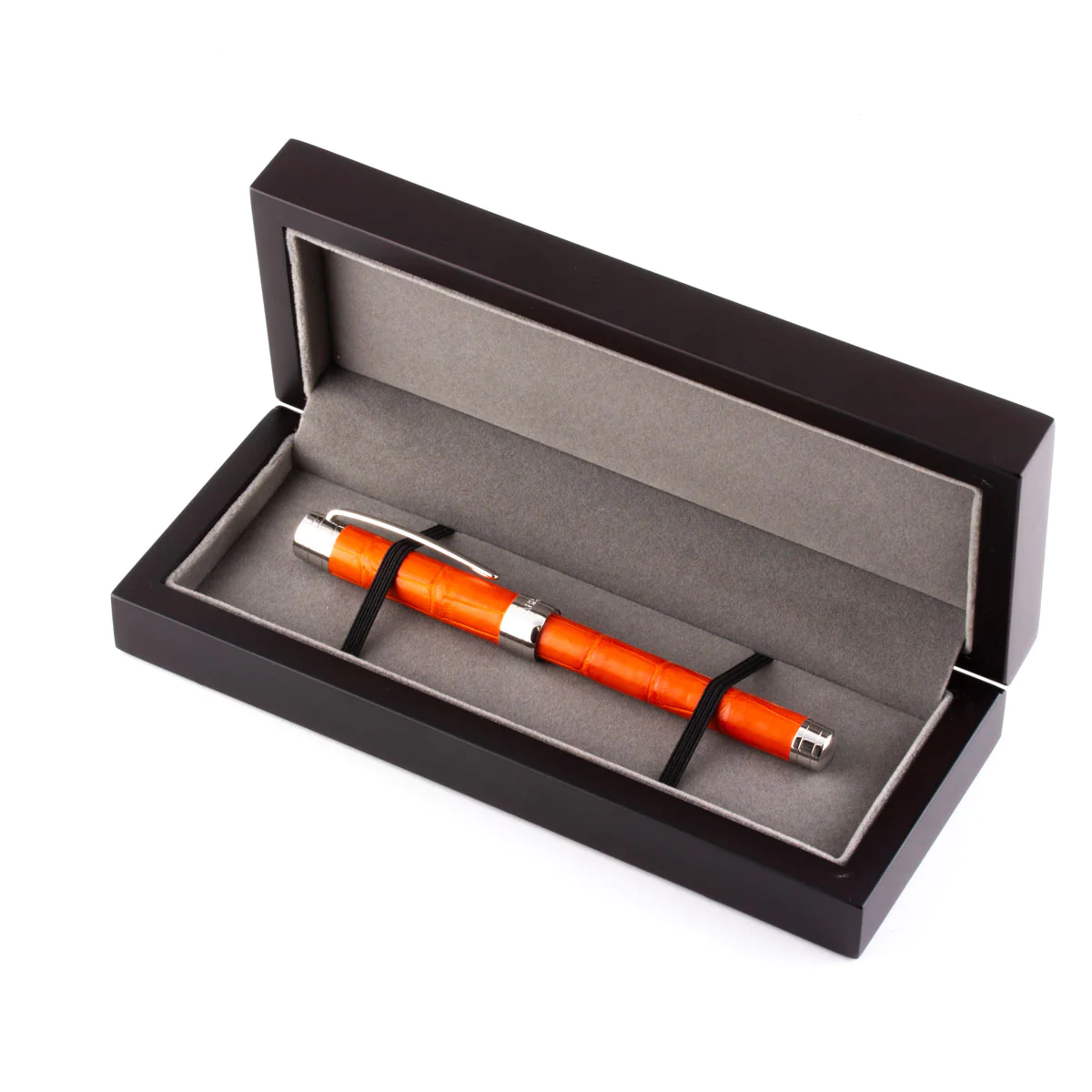 Stylo roller cuir – Acier rhodium – Alligator (noir, bleu, vert, rouge...)