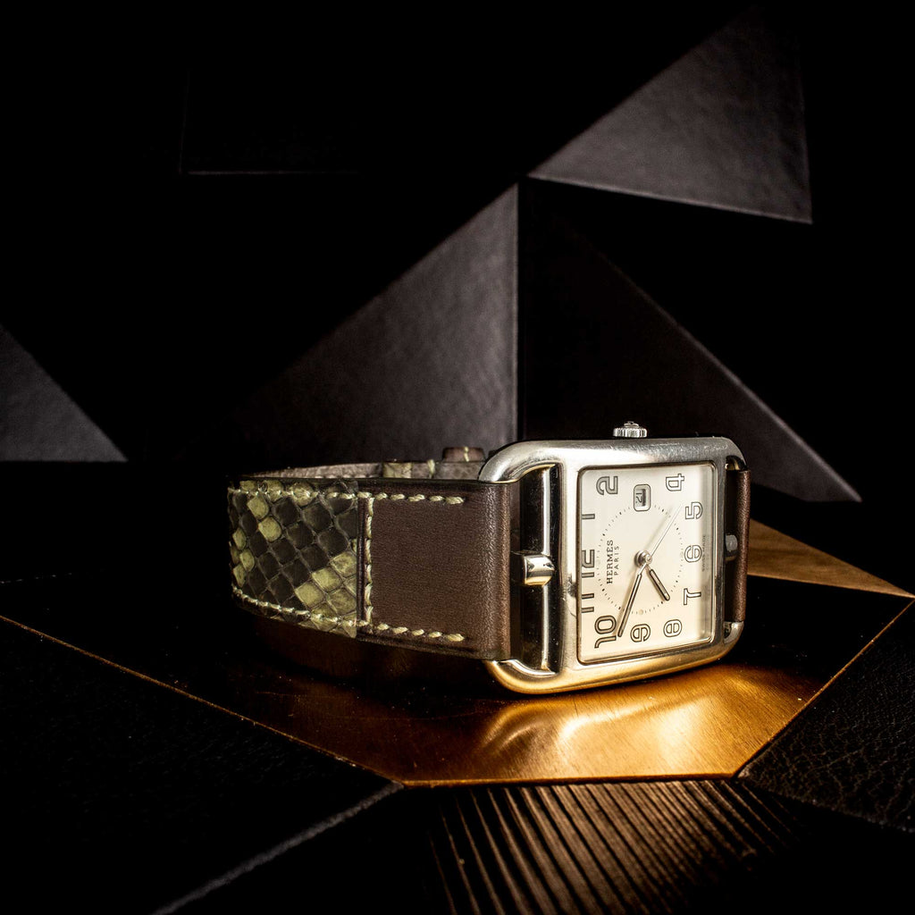 "Tandem" leather watch strap - Python &amp; barenia type calfskin (blue, khaki, brown...)