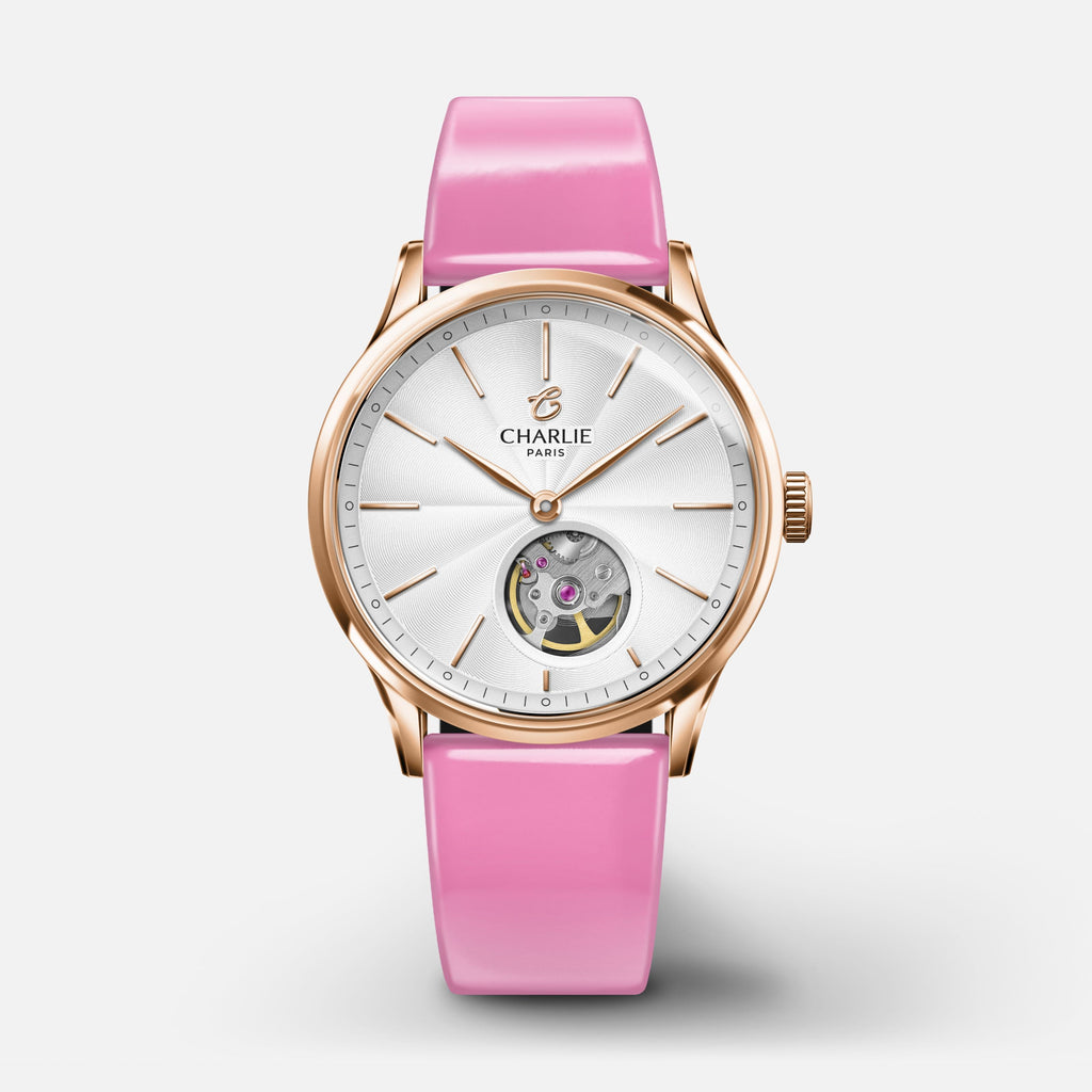 Bracelet cuir vernis rose 18mm