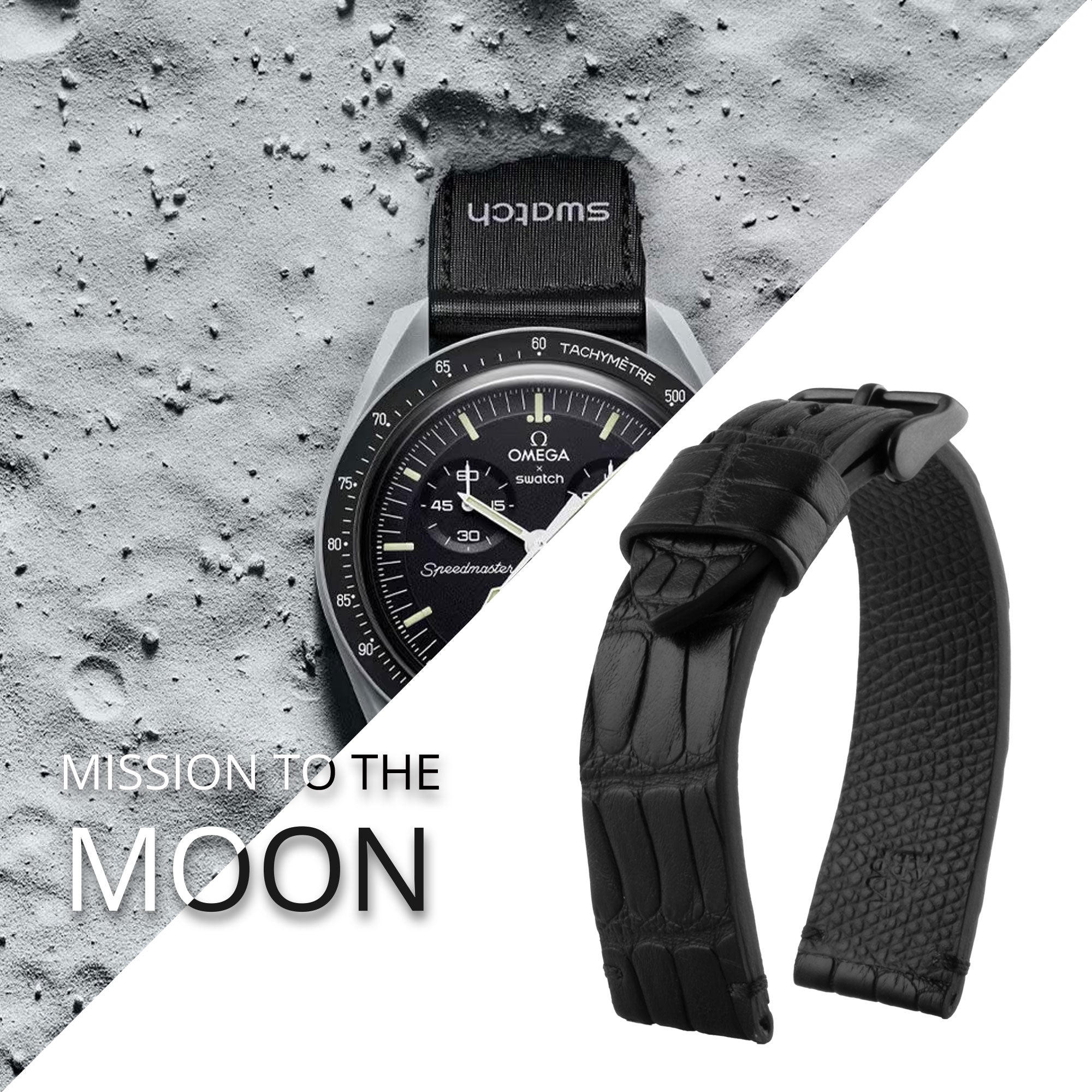 Tribute to MoonSwatch Omega X Swatch - Leather watch strap "Mission to..." - Alligator contrast stitching (black, blue, red...)