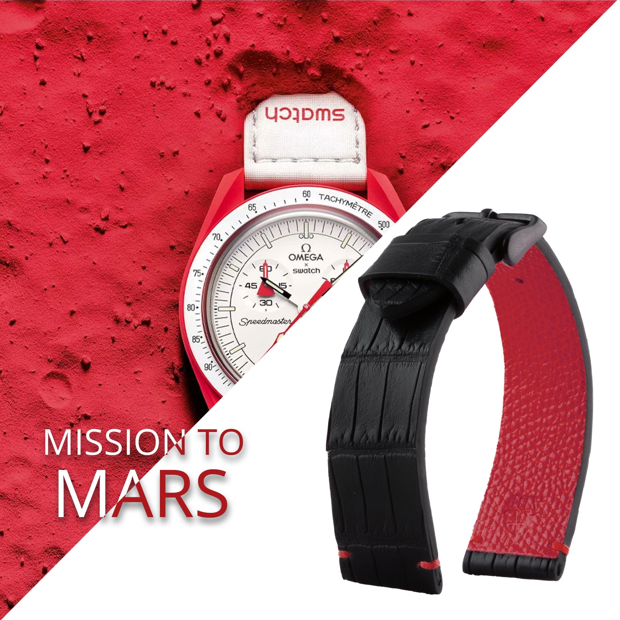 Tribute to MoonSwatch Omega X Swatch - Leather watch strap "Mission to..." - Alligator contrast stitching (black, blue, red...)