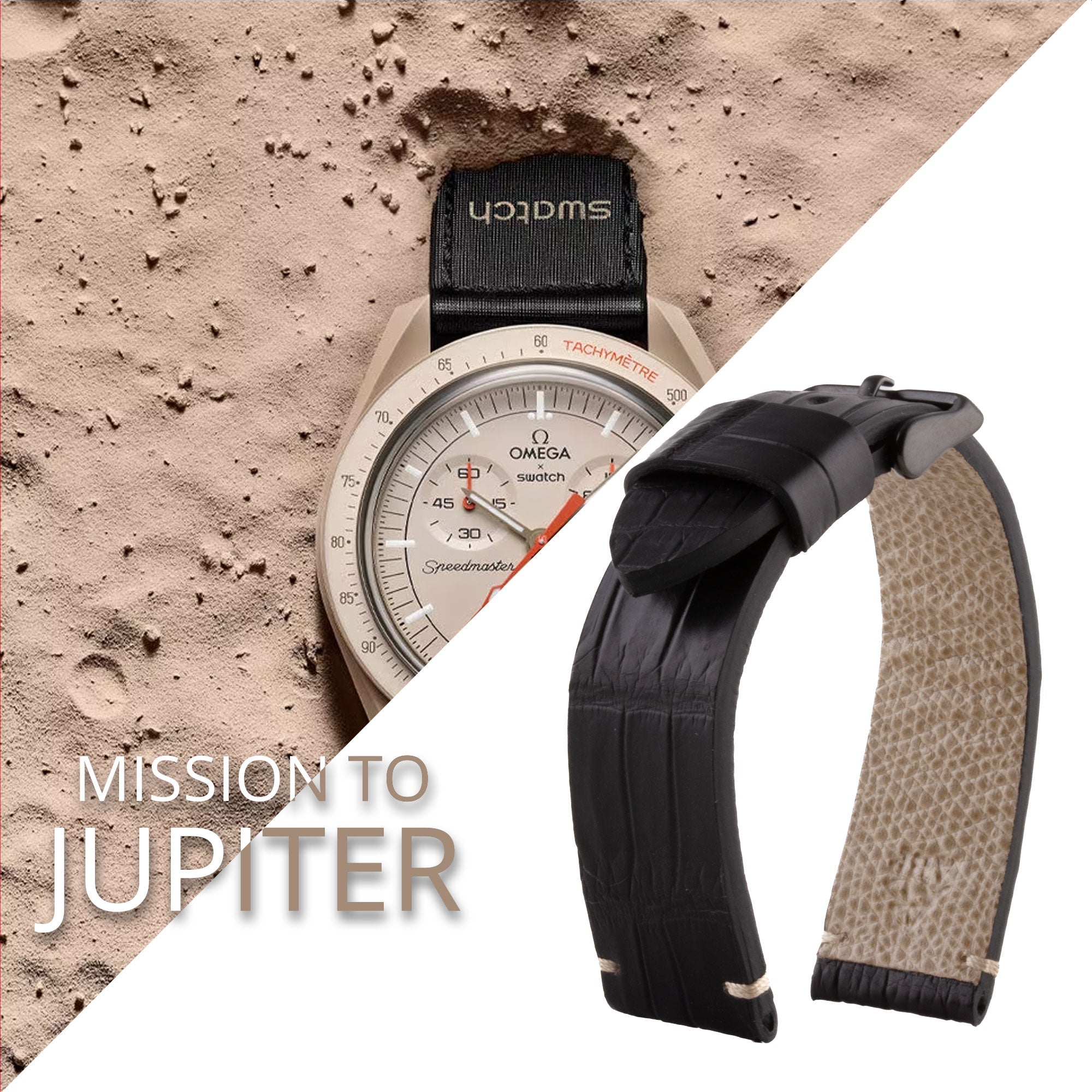 Tribute to MoonSwatch Omega X Swatch - Leather watch strap "Mission to..." - Alligator contrast stitching (black, blue, red...)