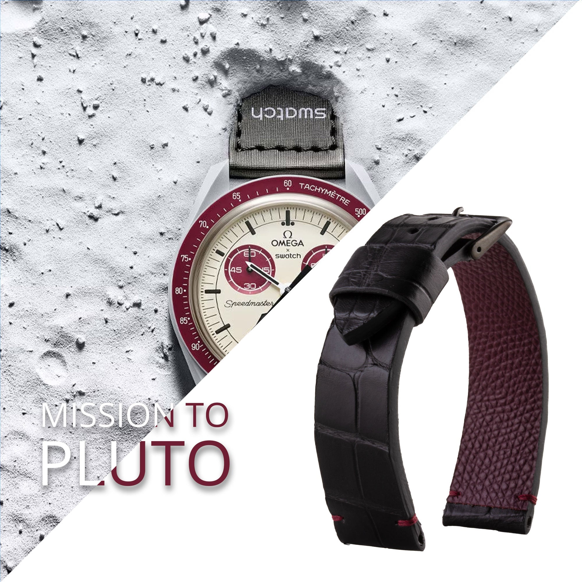 Tribute to MoonSwatch Omega X Swatch - Leather watch strap "Mission to..." - Alligator contrast stitching (black, blue, red...)