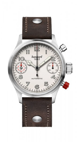 Hanhart 1882 Watch - Pioneer TwinDicator ecru stitching, smooth bezel