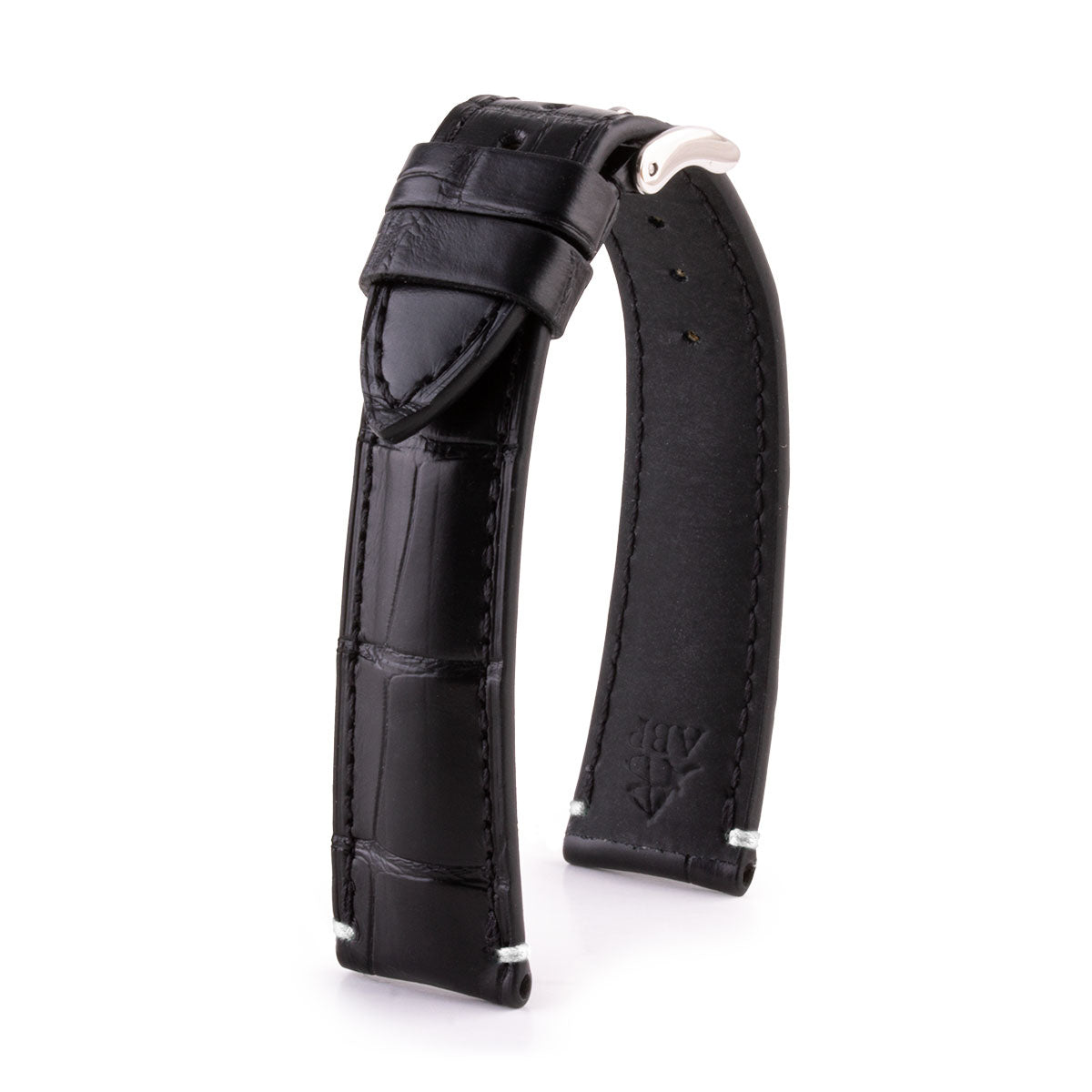 Leather watch strap - Black alligator with contrasting bartack stitching (black, blue, green, red, etc.)
