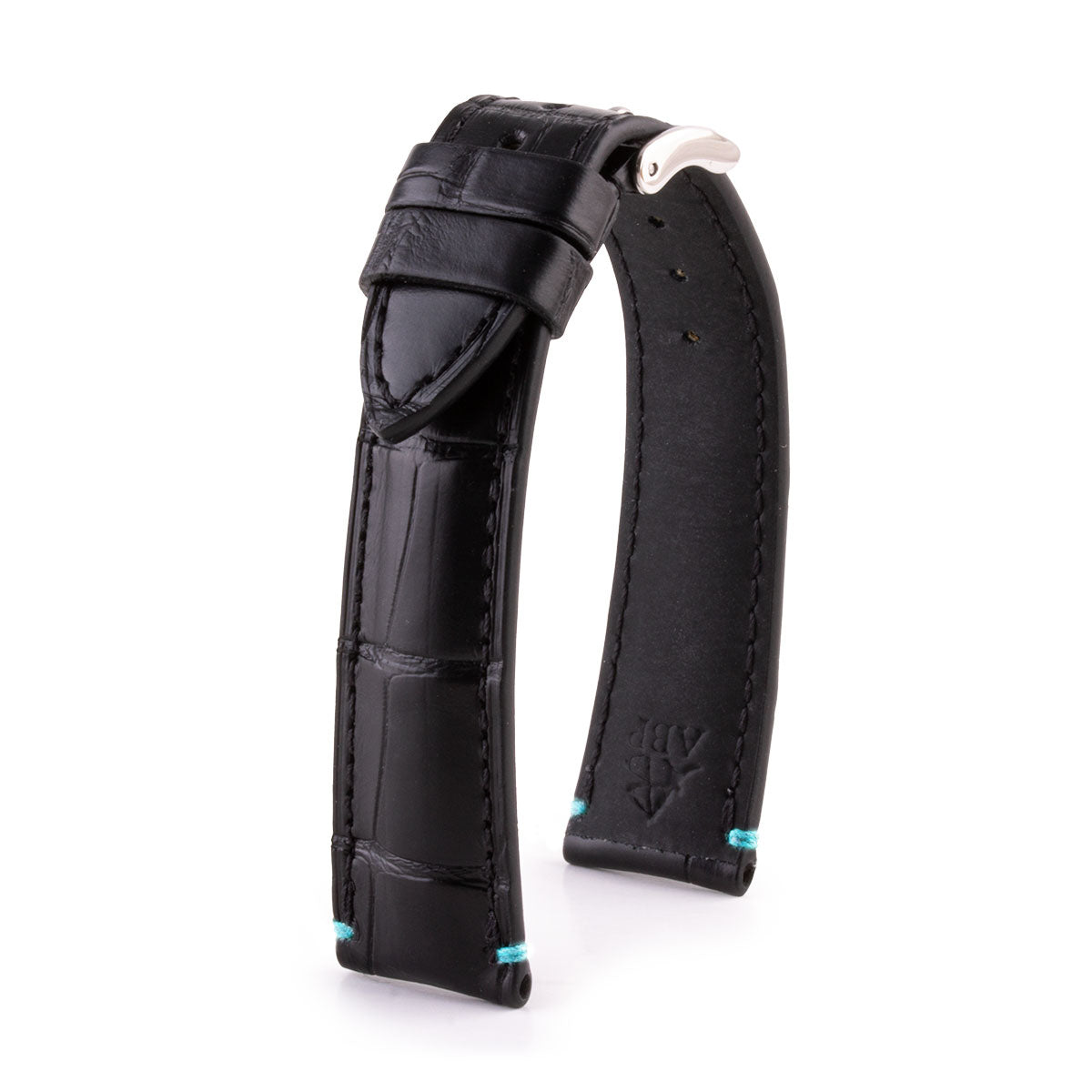Leather watch strap - Black alligator with contrasting bartack stitching (black, blue, green, red, etc.)