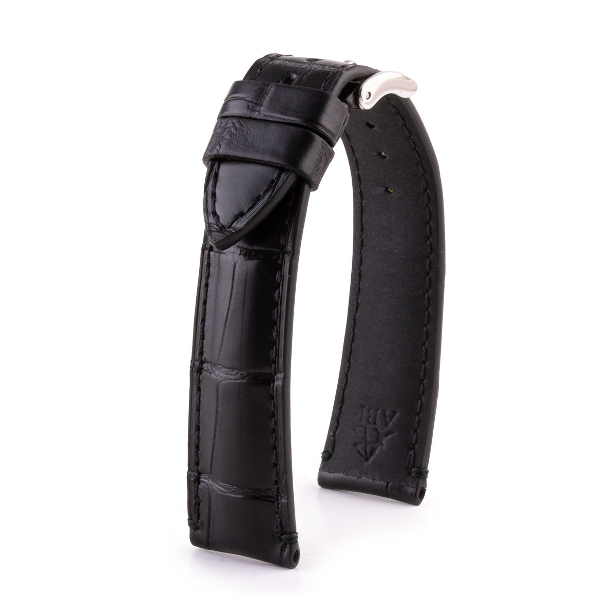 Leather watch strap - Black alligator with contrasting bartack stitching (black, blue, green, red, etc.)