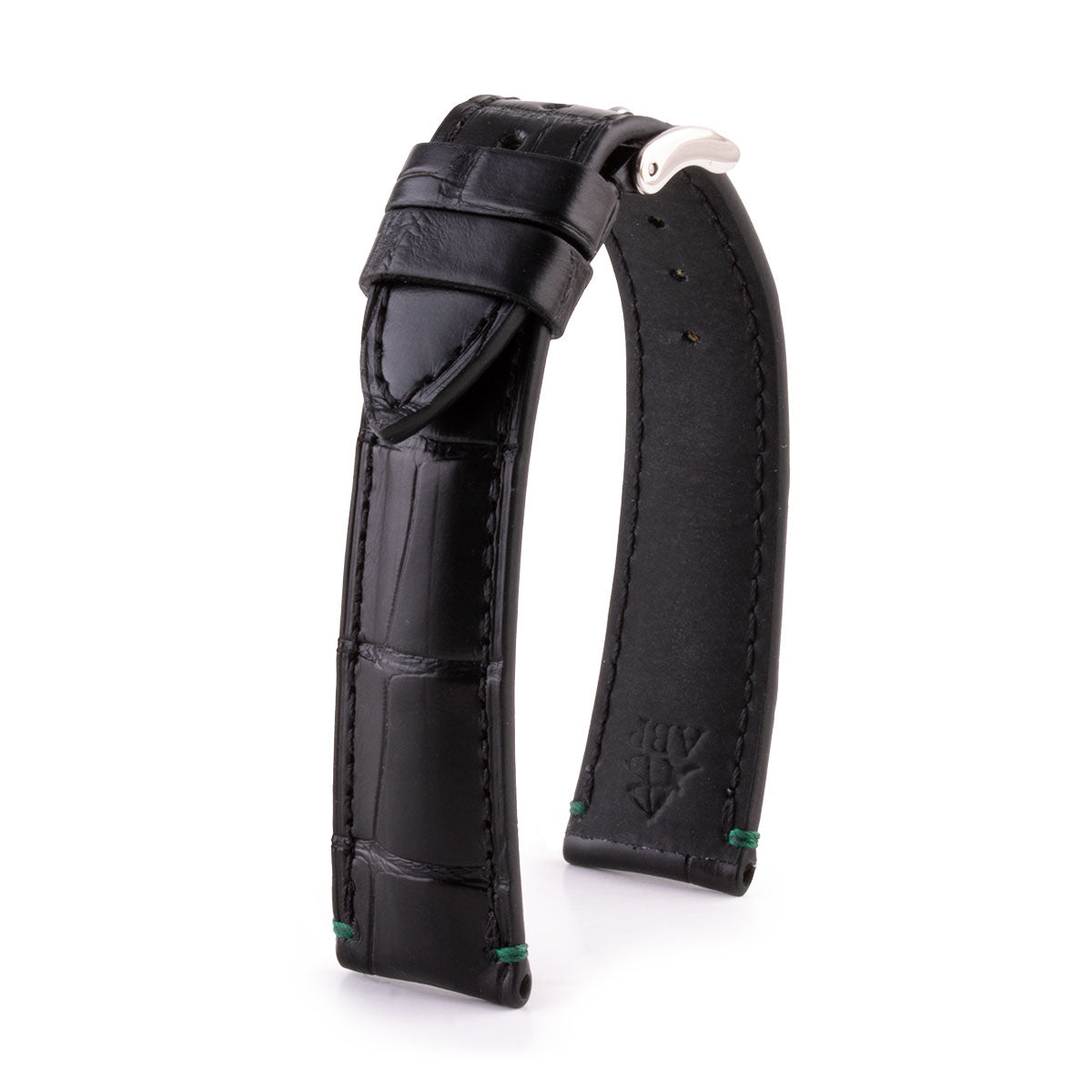 Leather watch strap - Black alligator with contrasting bartack stitching (black, blue, green, red, etc.)