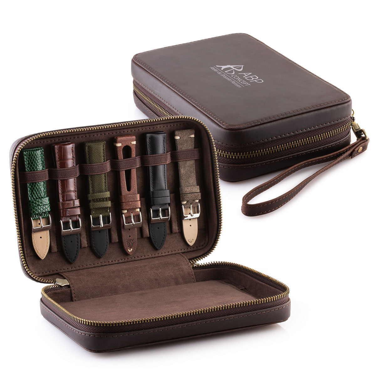 Leather watch strap box - Calfskin storage case for 12 watch straps - Brown
