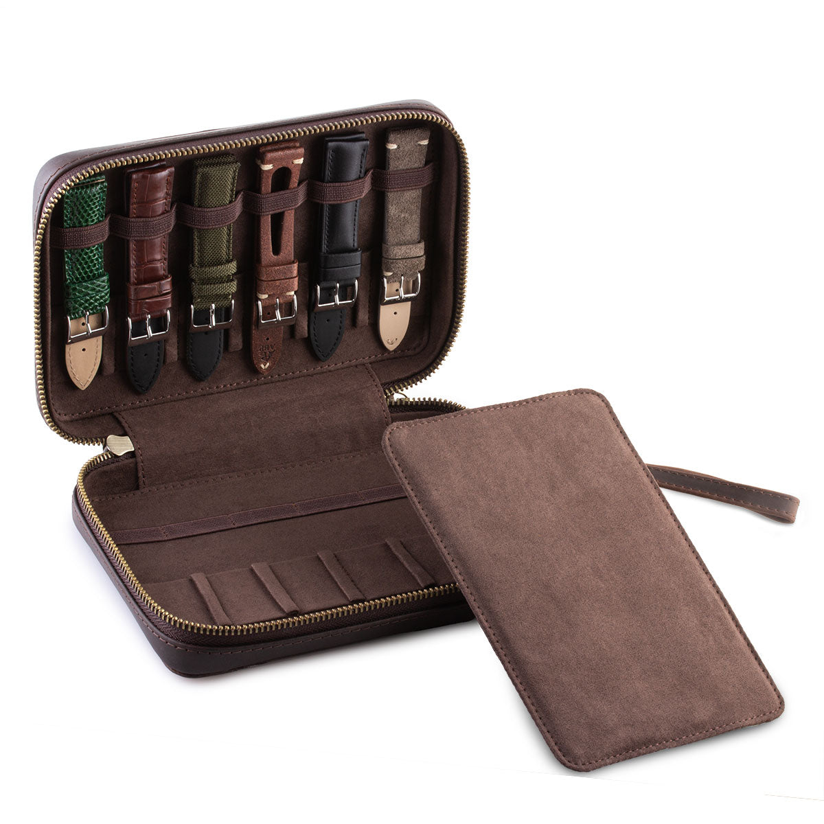 Leather watch strap box - Calfskin storage case for 12 watch straps - Brown
