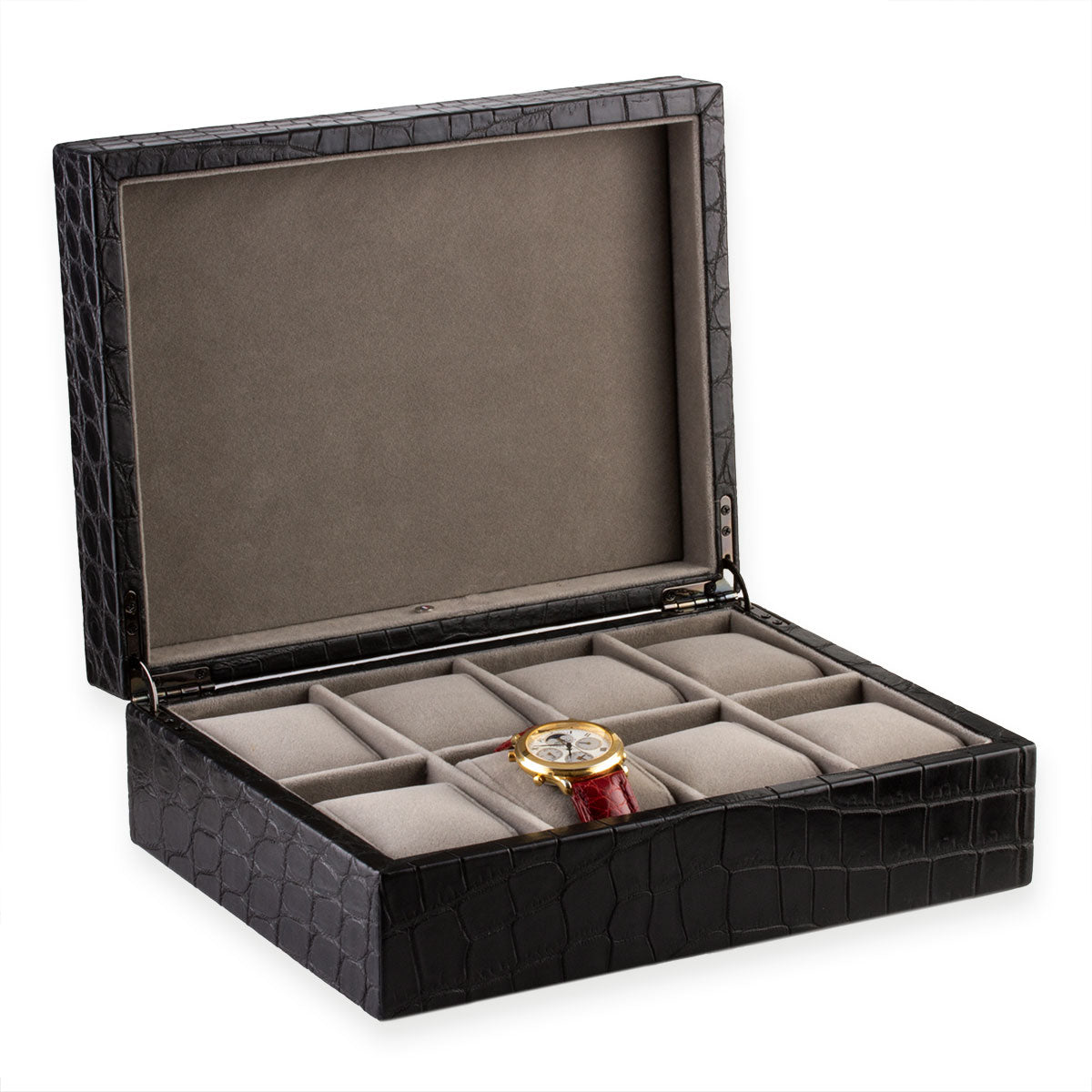 Leather watch box - Case for 8 watches - Black alligator