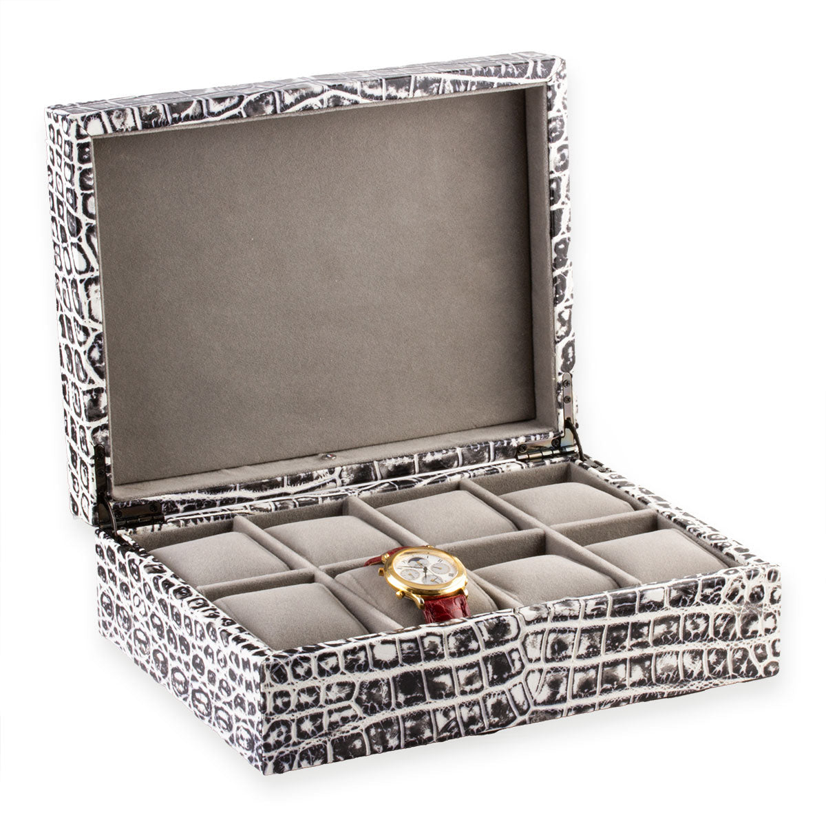 Leather watch box - Case for 8 watches - Black/white alligator