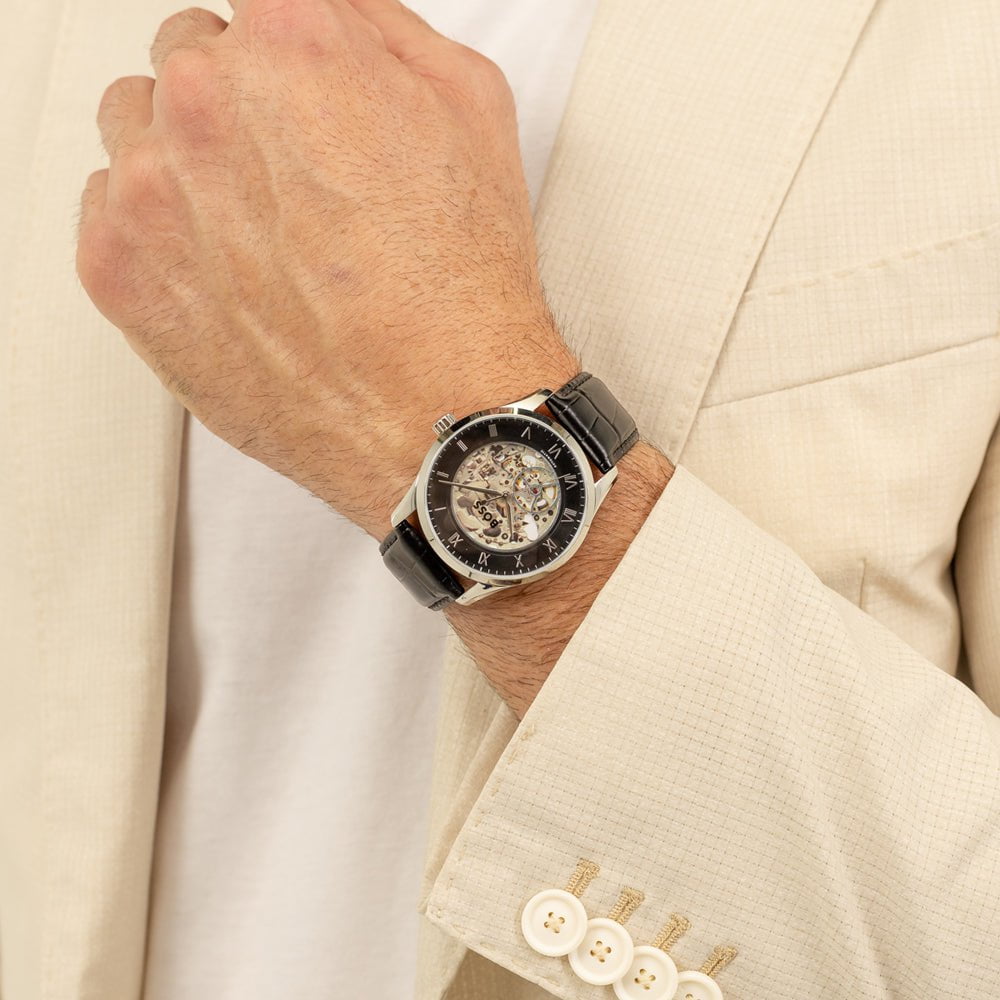 BOSS Men's Principle Skeleton Automatic Leather Watch 1514234