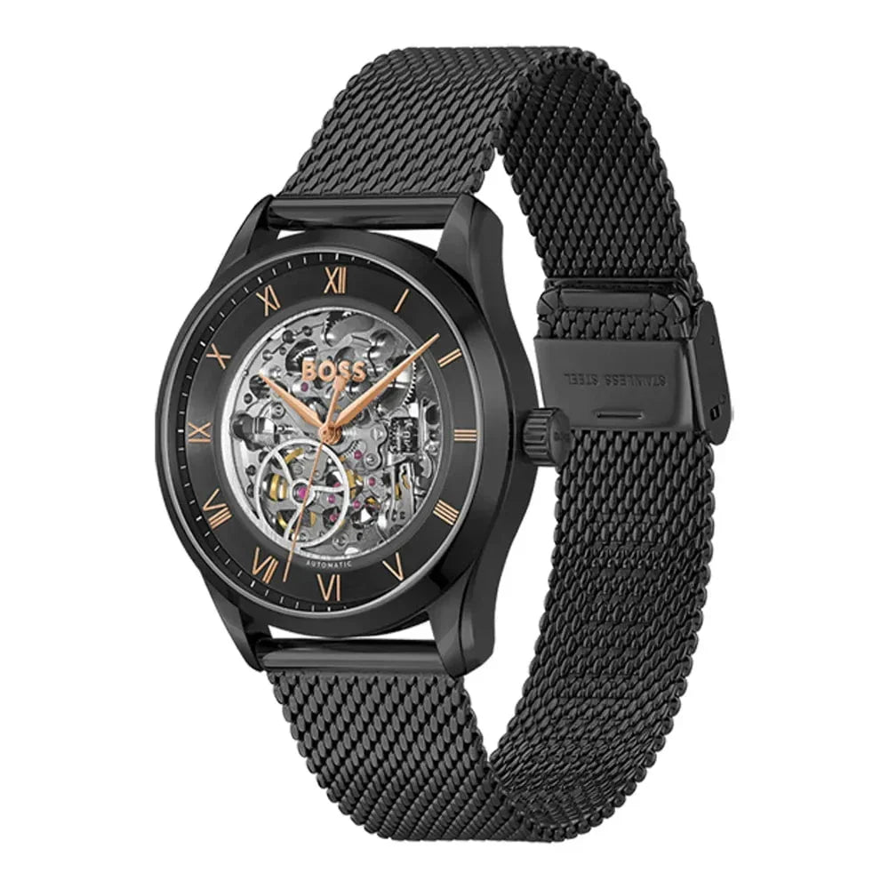 BOSS Men's Skeleton Automatic Watch in Black Steel 1514255