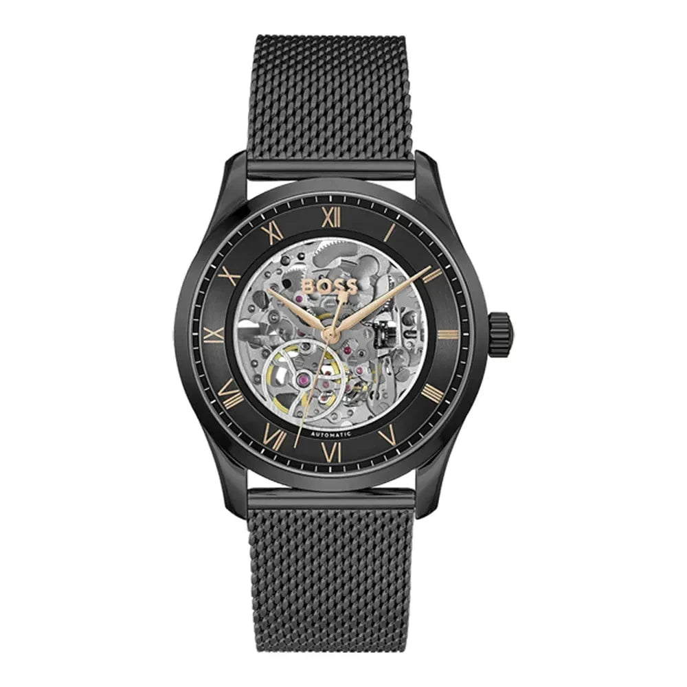 BOSS Men's Skeleton Automatic Watch in Black Steel 1514255