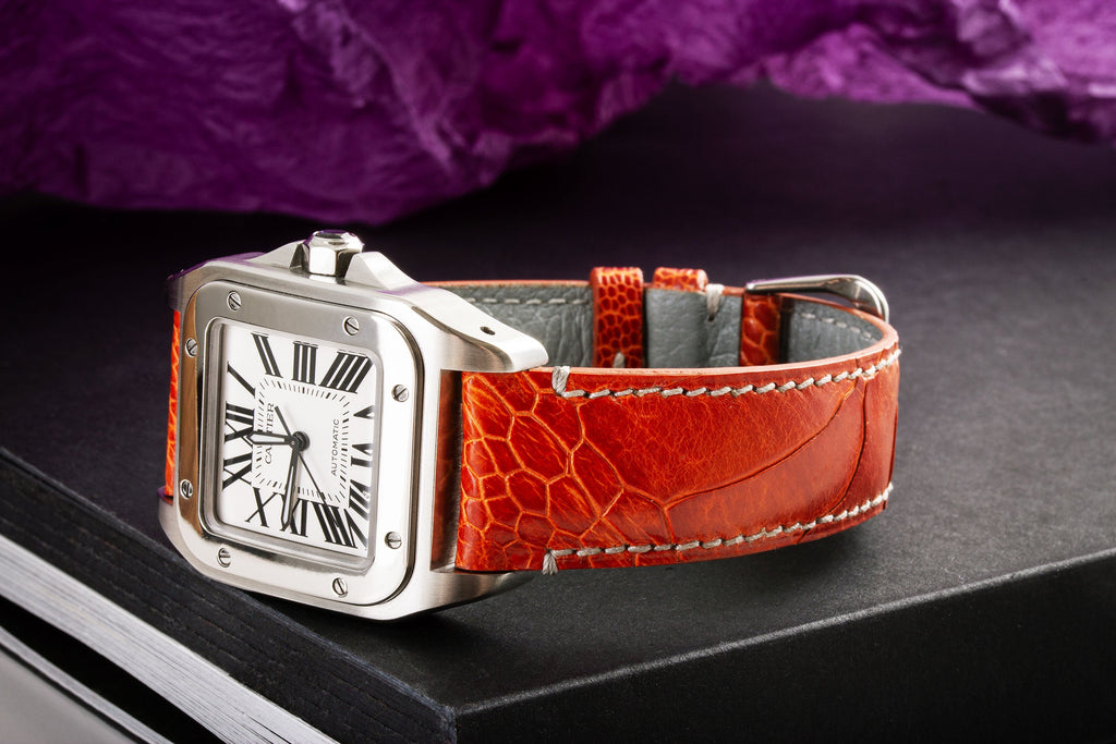Bracelet-montre en cuir - Patte d'autruche (marron, vert, orange)