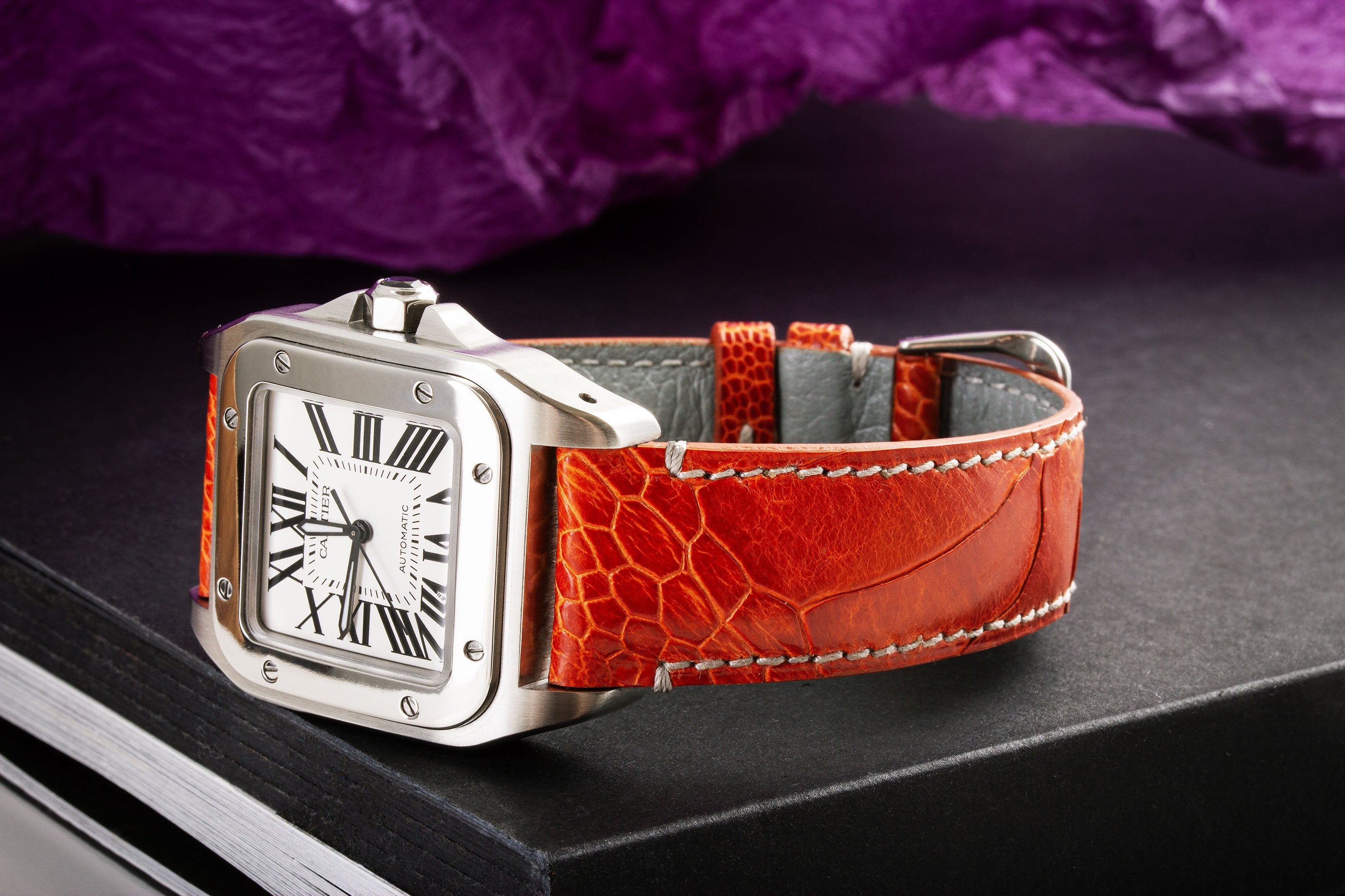 Bracelet-montre en cuir - Patte d'autruche (marron, vert, orange)