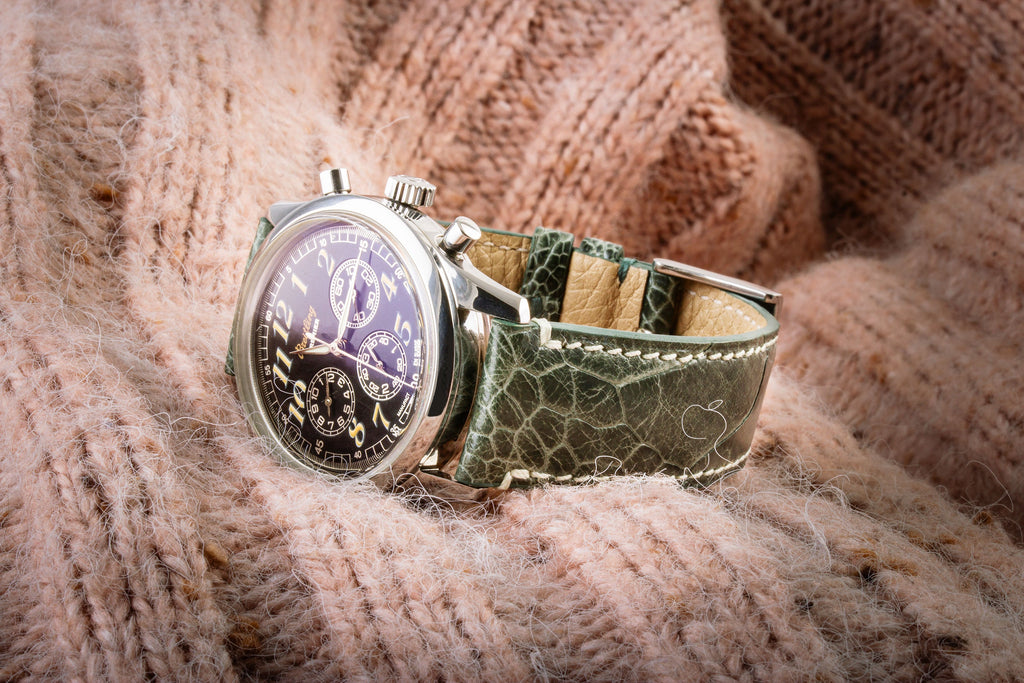 Bracelet-montre en cuir - Patte d'autruche (marron, vert, orange)
