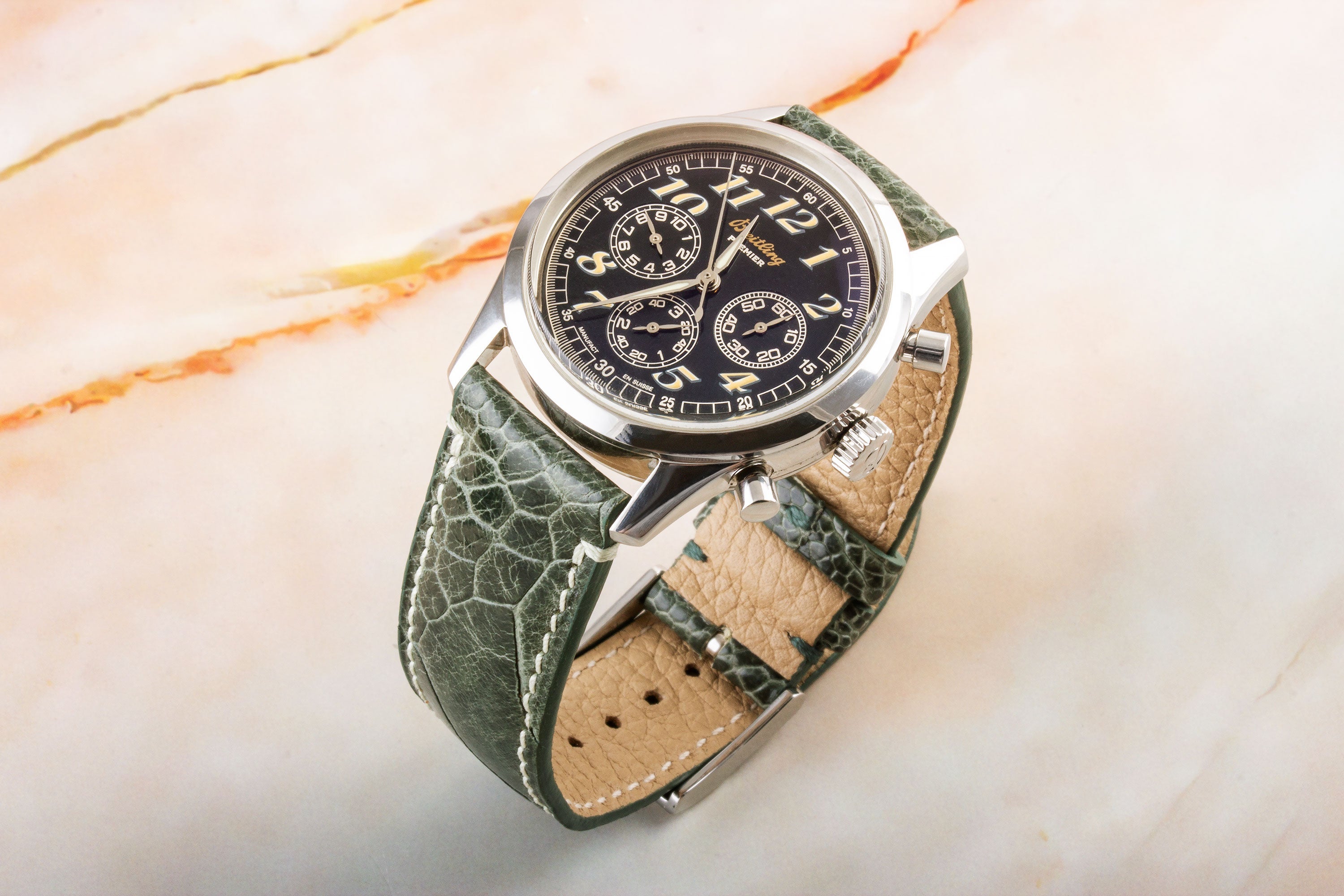 Bracelet-montre en cuir - Patte d'autruche (marron, vert, orange)