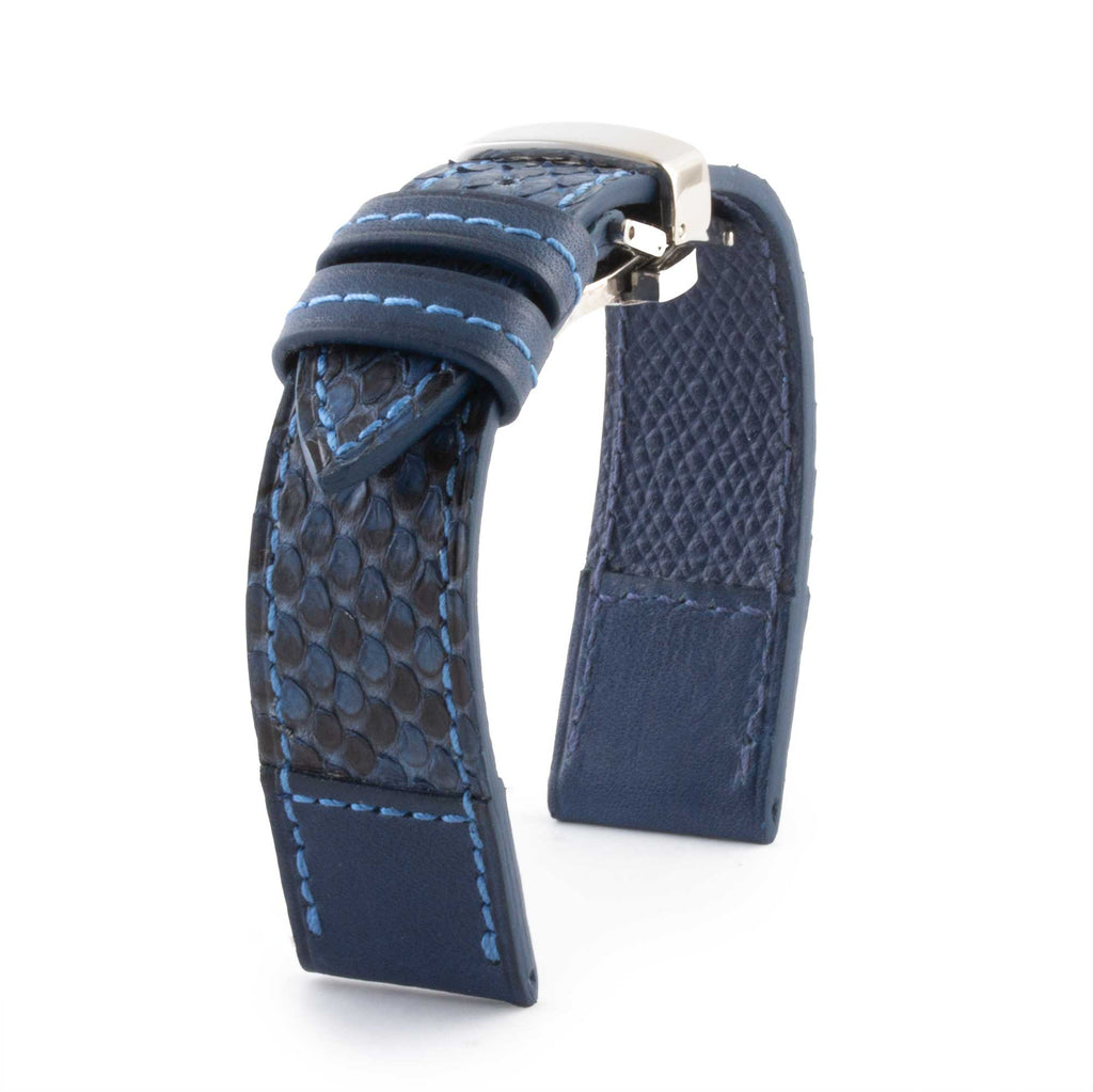 "Tandem" leather watch strap - Python &amp; barenia type calfskin (blue, khaki, brown...)