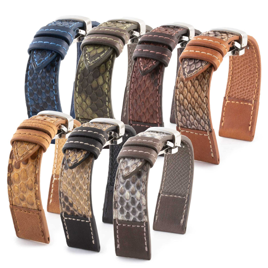 "Tandem" leather watch strap - Python &amp; barenia type calfskin (blue, khaki, brown...)