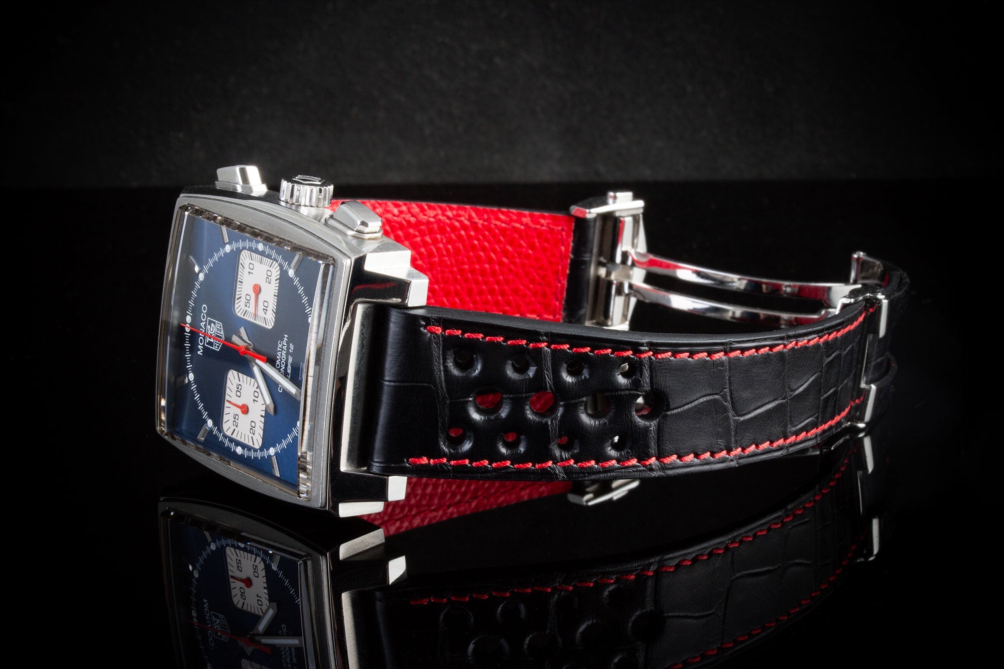 Tag Heuer Monaco - Leather watch strap - Black alligator