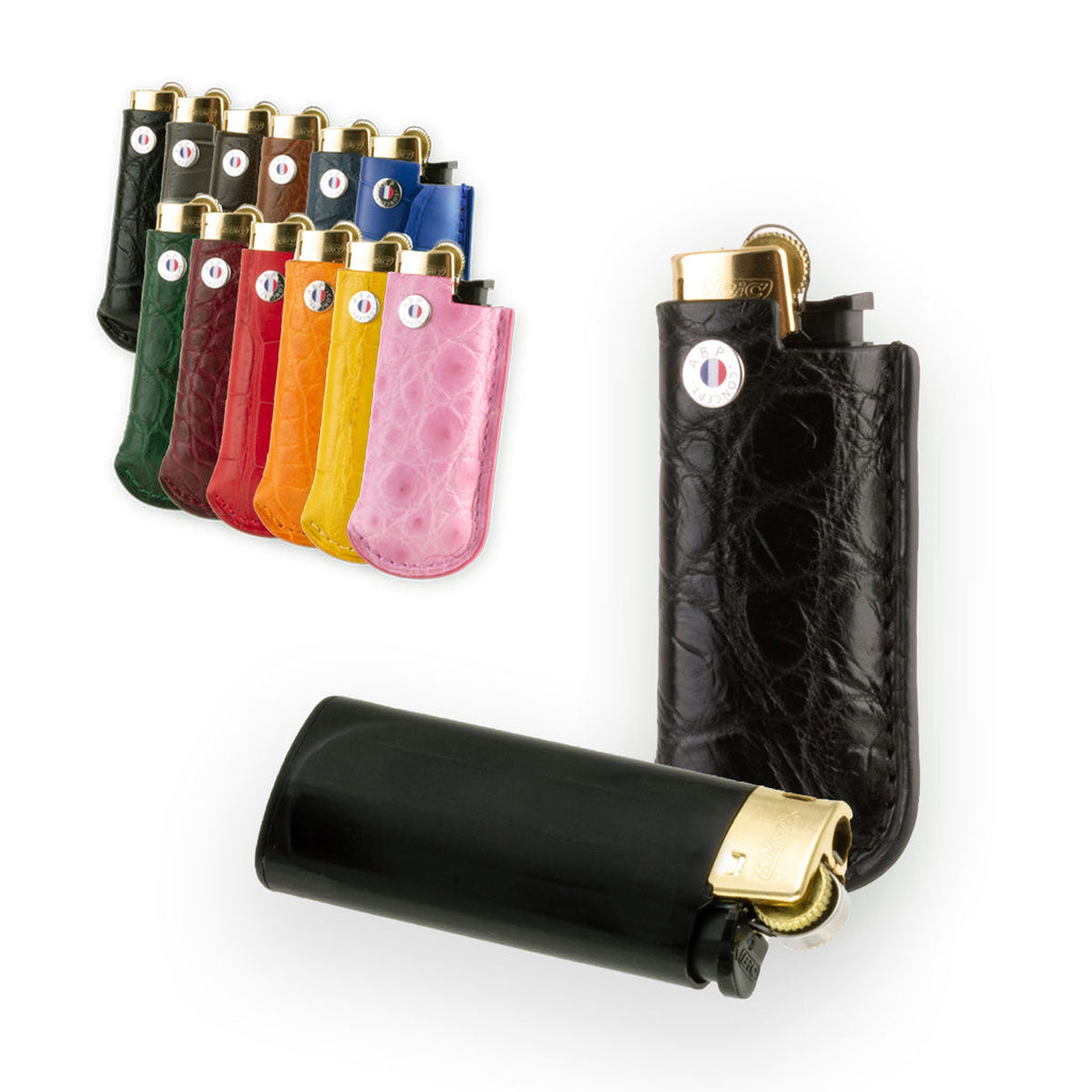 Briquet et son étui cuir "Essential" - Alligator (noir, bleu, vert, marron, orange...)