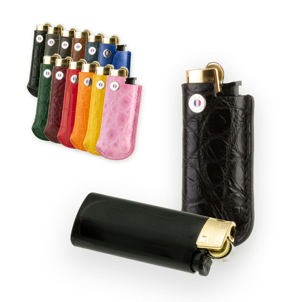 Briquet et son étui cuir "Essential" - Alligator (noir, bleu, vert, marron, orange...)