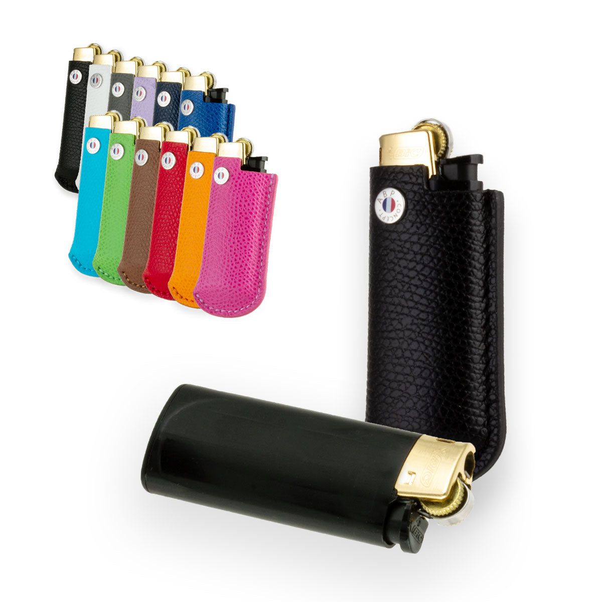 Briquet et son étui cuir "Essential" - Veau grainé (noir, bleu, vert, marron, orange...)
