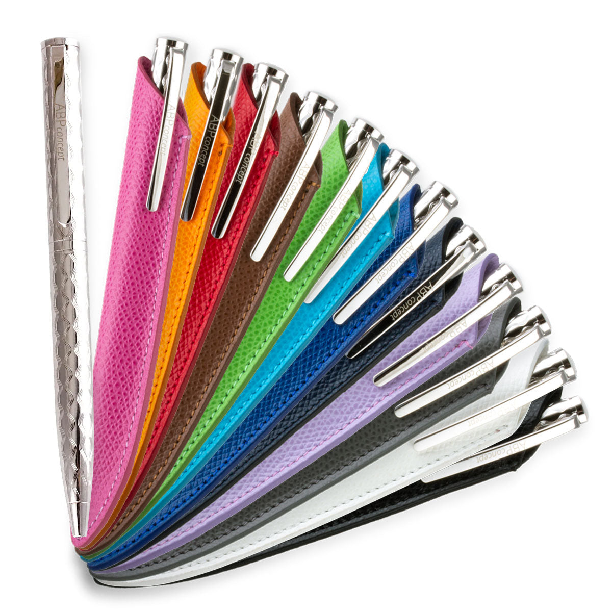 Stylo bille et son étui en cuir "Essential" – Acier rhodium / Doré / Noir - Veau grainé (noir, bleu, vert...)