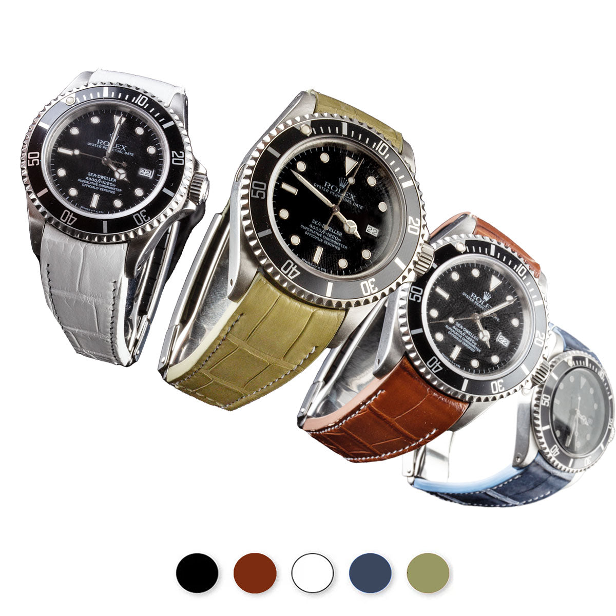 Rolex – R Strap leather watch strap – Alligator white stitching (black, brown, blue, white, light khaki)