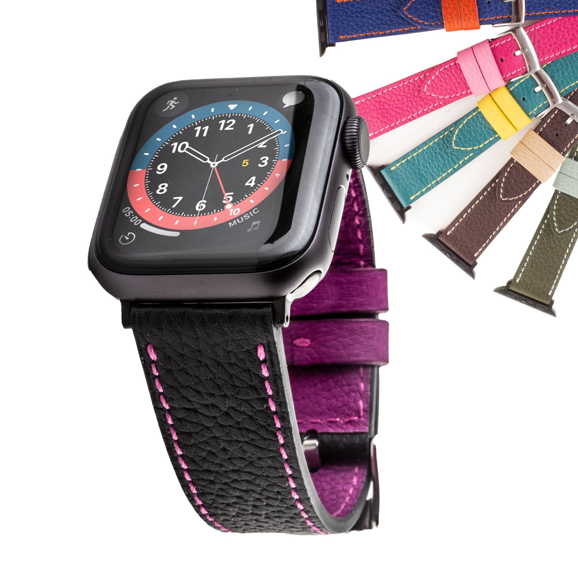 Bracelet cuir pour Apple Watch "Holi" - Buffle (noir, bleu, kaki, marron, rose)