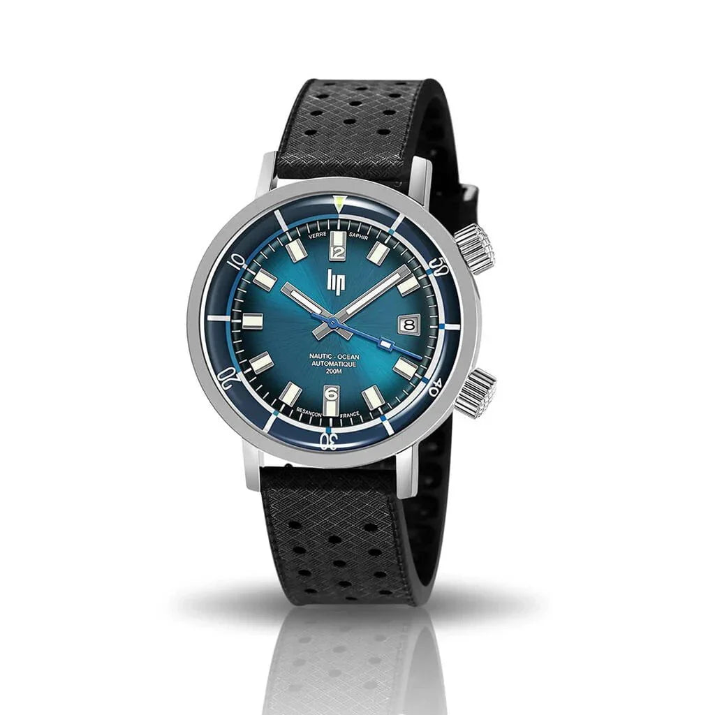 LIP Men's Large Nautic-Ocean Black Leather Watch 671854