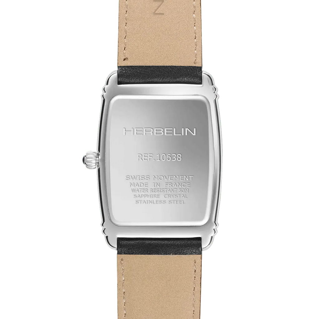 HERBELIN Men's Art Deco Black Leather Watch 10638AP08