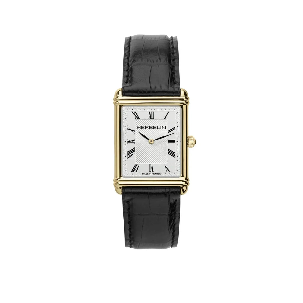 HERBELIN Men's Art Deco Black Leather Watch 17468P08