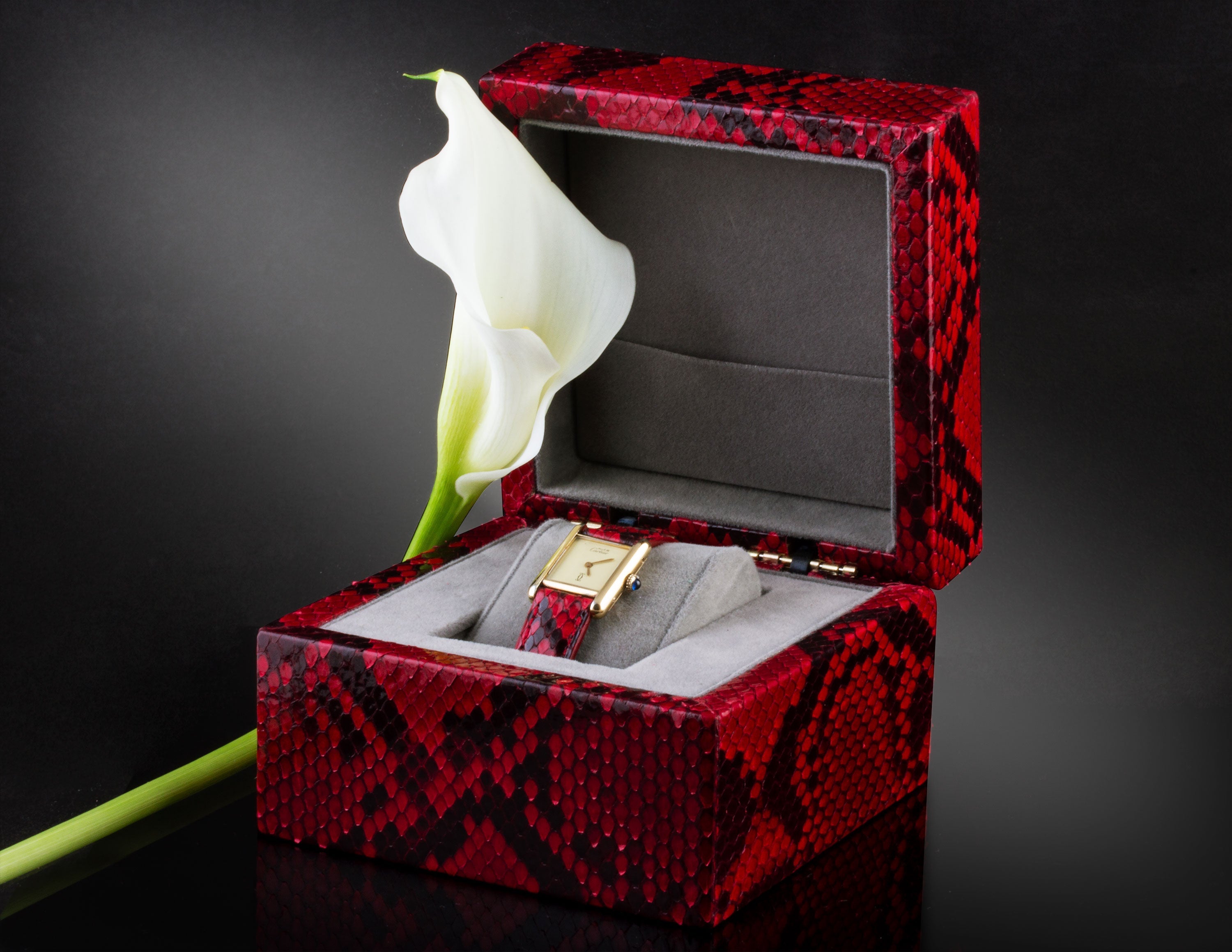Leather watch box - Case for 1 watch - Red/black python