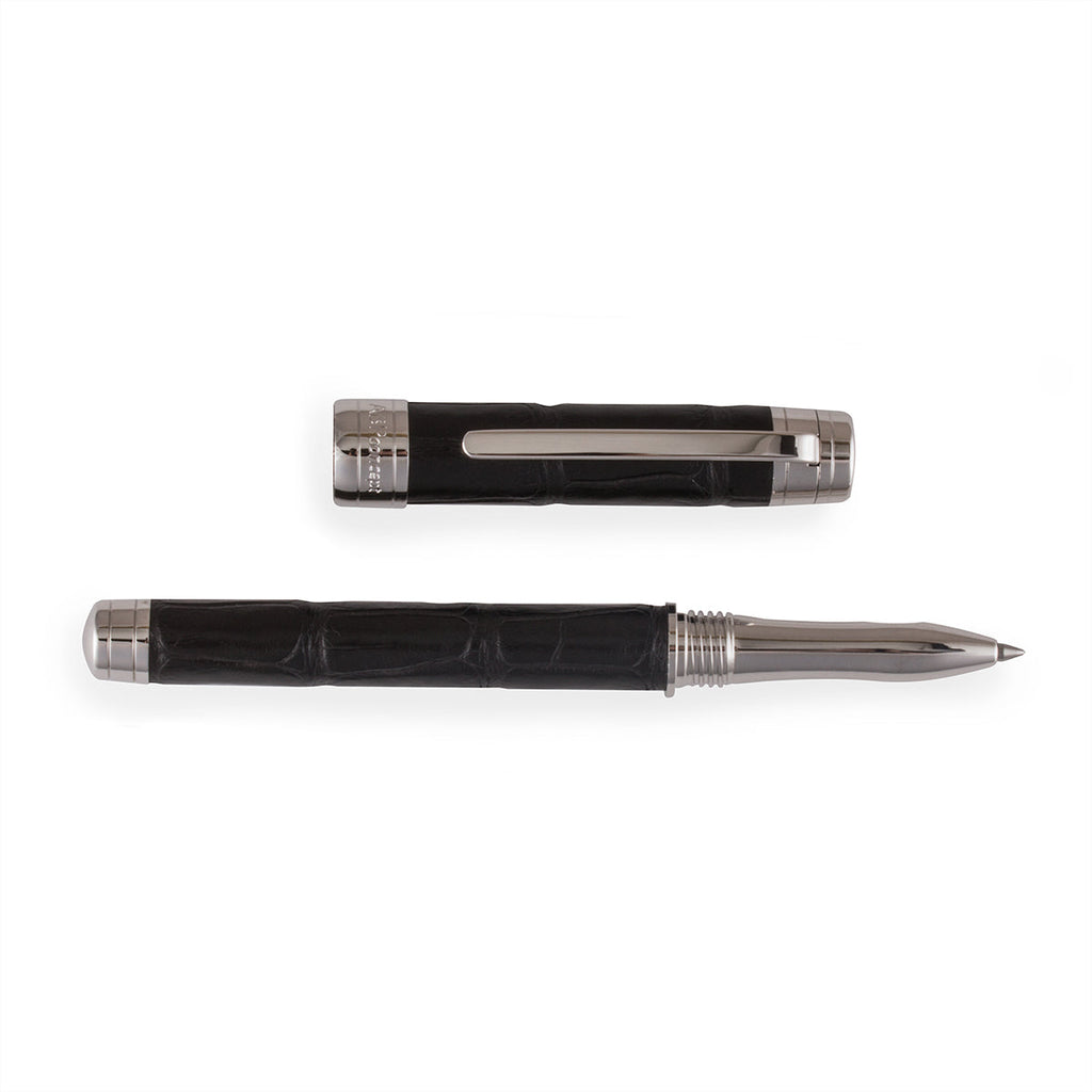 "Essential Black Alligator" leather rollerball pen – Rhodium steel